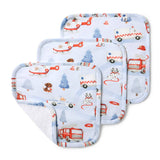 Set of three baby burp cloths with vehicle and nature pattern on a white background