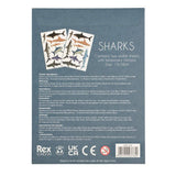 Back of a product packaging with shark temporary tattoos and Rex London branding.