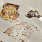 Watercolor-style pirate-themed artwork on cream paper, featuring an open treasure chest filled with gold coins and gems, a parchment map with a dashed treasure route, and a black pirate hat with gold trim and the letters 'SH'.