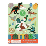 Dino-themed temporary tattoo card featuring colorful dinosaur illustrations, a warning label, and the text 'TATTOOS' and '40+ TEMPORARY TATTOOS' on a mint green background.