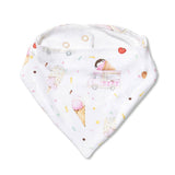 A white triangular baby bandana bib featuring a cute watercolor print of ice cream cones, ice cream trucks, sprinkles, and cherries, displayed on a clean white background.