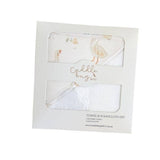 Cuddle Bug Co. towel and washcloth set in its original white window box packaging, featuring a white hooded towel and a white handkerchief with a delicate pastel goose illustration.