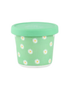 Green container with white daisy pattern on a white background