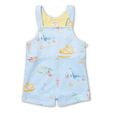 A baby's shortall romper in light blue with an underwater theme print, featuring yellow, green, and pink sea creatures, shown flat on a white background.