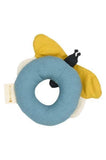Blue donut-shaped toy with a yellow caterpillar on a white background