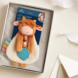 Plush toy with teether in a box labeled 'Itzy Lovey' on a light background