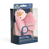 Pink plush toy with yellow nose in packaging labeled 'itzy ritzy'.