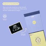 Pregnancy announcement box with sonogram placeholder and BIBS branding on a light blue background