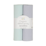 Two organic ribbed jersey swaddles in light blue and gray packaging with 'All4Ella' branding on a white background.