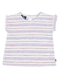 A girls' short-sleeve top with horizontal pastel stripes in lavender, pink, and brown on a white base, featuring ruffled trim on the sleeves and a small bow detail at the chest.