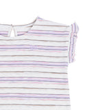 A close-up of a children's short-sleeve top with horizontal pastel stripes in lavender, pink, and brown on a white base, featuring ruffled trim on the sleeve and a small embroidered bow on the chest.