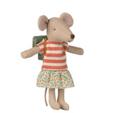 Stuffed mouse toy wearing a striped shirt and floral skirt on a white background