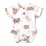 Baby romper with koala print on a white background