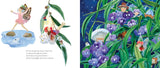 A children's illustrated book spread showing a fairy hopping on stones in a pond on the left and a dense scene of purple flowers, green leaves, mushrooms, and small figures on a night sky on the right.