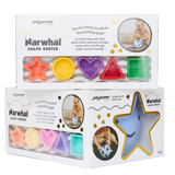 Jellystone Narwhal Shape Sorter packaging with colorful shapes and baby playing with the toy.