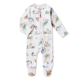 Baby onesie with animal pattern on a white background