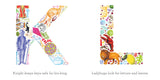 Illustrated alphabet letters K and L on a white background, each filled with colorful themed icons and accompanied by the phrases 'Knight keeps keys safe for his king.' and 'Ladybugs look for lettuce and leaves.
