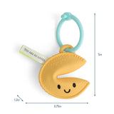 Yellow crescent moon-shaped teething toy with a blue ring and 'You are so loved' tag, shown with measurements on a white background.