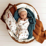 Newborn baby wrapped in a blanket with car patterns, lying in a basket with brown and blue blankets.