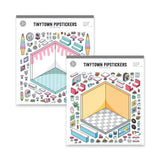 Two sheets of Tinytown Pipstickers with colorful illustrations on a white background