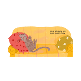 Illustration of a cat napping on a sofa with a pillow, on a white background.