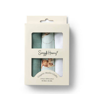 Pack of organic muslin cloths in packaging with 'Sunggle Hunny' branding.