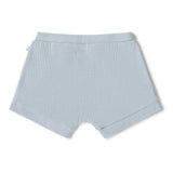 Light blue ribbed shorts on a white background