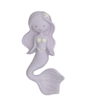 Mermaid toy with purple hair and tail on a white background