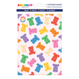 A package of Moonbow Creative Co. sticker sheet featuring a colorful pattern of teddy bears in red, orange, yellow, green, blue, and purple on a pale pink background.