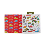 Packaging of car-themed wrapping paper and stickers on a white background