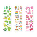 Set of colorful stickers with various designs on a white background