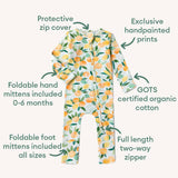 Baby onesie with lemon pattern and features listed on a white background
