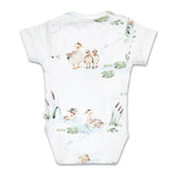 Baby onesie with duckling pattern on a white background