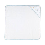White towel with blue trim and small designs on a white background