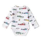 Baby onesie with race car pattern on a white background