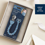 Blue pacifier strap packaging in a box with 'Great for Gifting' text.