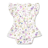 A baby romper in white fabric with a colorful watercolor-style floral print, featuring ruffled sleeves and a ruffled hem, shown flat on a white background.