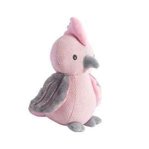 Pink and gray stuffed toy on a white background