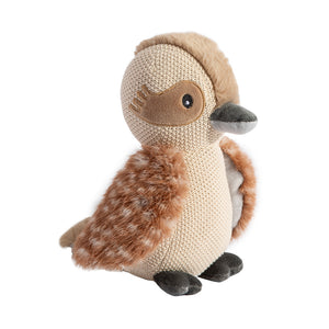 Knitted toy penguin with brown and beige colors on a white background