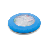 Blue frisbee with colorful beads inside on a white background