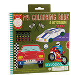 Packaging of 'My Colouring Book & Stickers' with racing car and motorcycle illustrations on a green background.