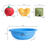 Three small toy figures and a blue bowl with measurements on a white background