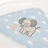 Baby blanket with an embroidered elephant design on a light blue background with white polka dots.