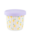 Container with lemon pattern and purple lid on a white background