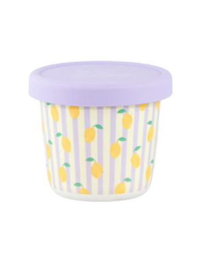 Container with lemon pattern and purple lid on a white background