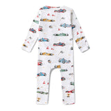 Children's onesie with race car pattern on a white background