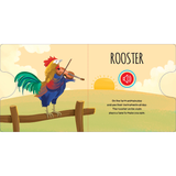 Illustration of a rooster playing the violin with a sunset background on a children's book page.
