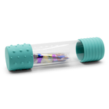 Clear tube with colorful markers inside, covered by a turquoise lid on a white background