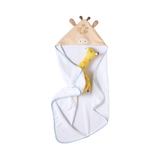 Baby hooded towel with giraffe design on a white background