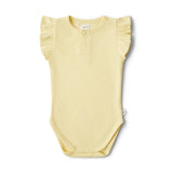 Yellow baby onesie with ruffled sleeves on a white background